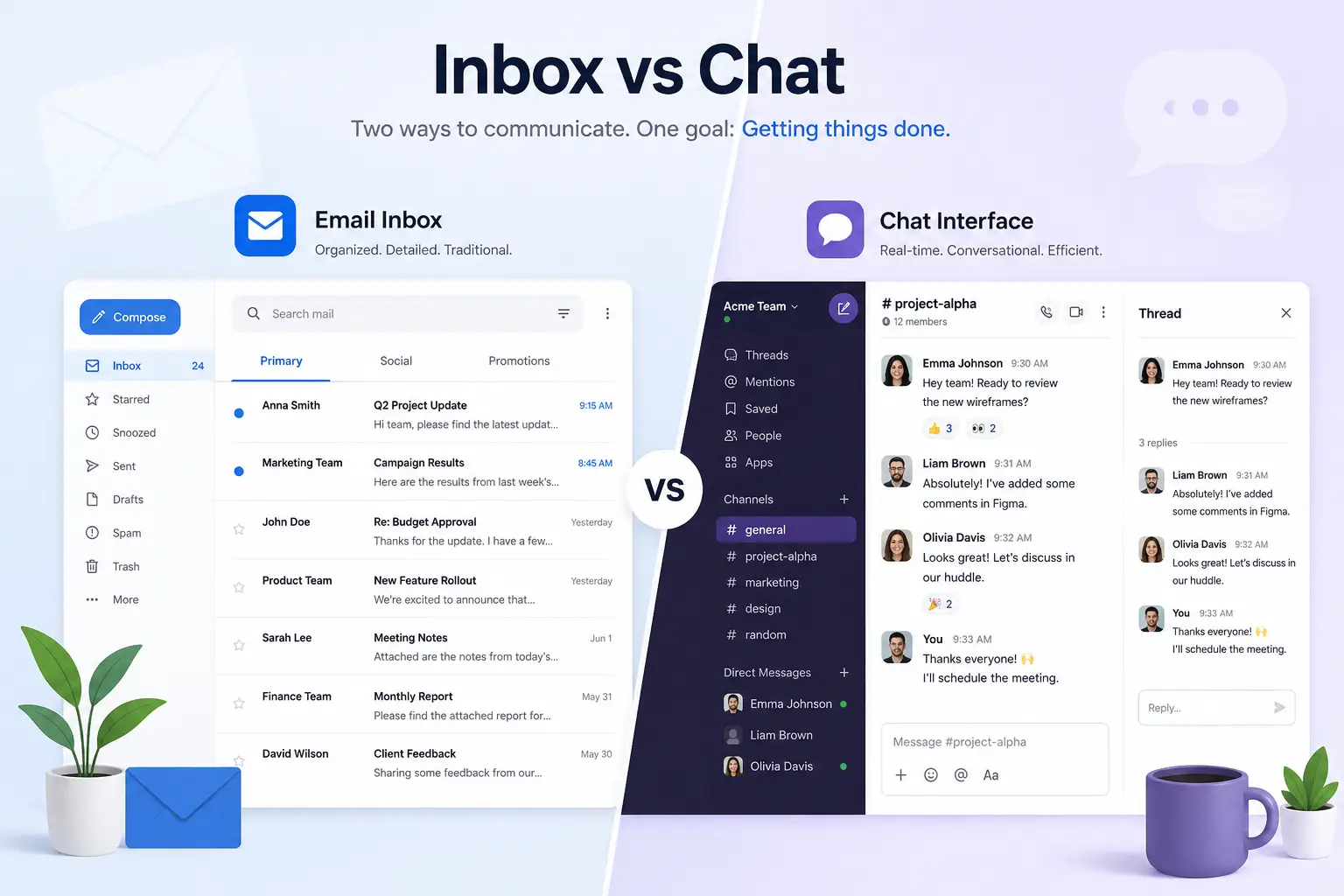 Split-screen illustration comparing an email inbox and a team chat interface