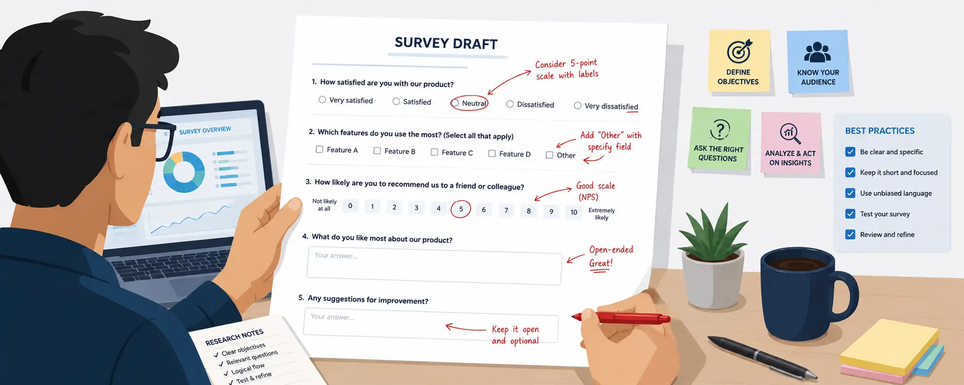 Researcher marking up a printed survey draft with notes